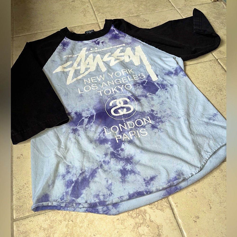 🦕STUSSY🦕-Vintage Distressed Stussy 3/4 Sleeve Tee-Blue/Purple Tie-dye-Small